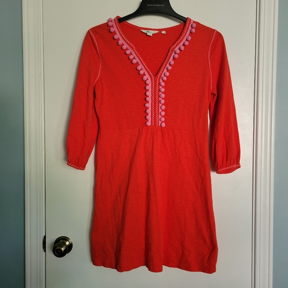 Boden Carina Womens 6 Mini Shirt Dress Red Pink Pom Pom Boho Festival Cotton - Picture 2 of 11